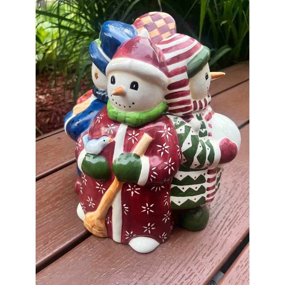 Vintage Christmas Snowman Trio Ceramic Cookie Jar Hand Painted Holiday Decor